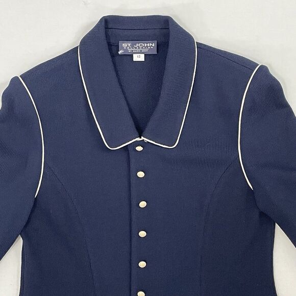 St John Collection Womens Navy White Trim Santana Knit Jacket/Blazer Size 12 - Picture 5 of 16